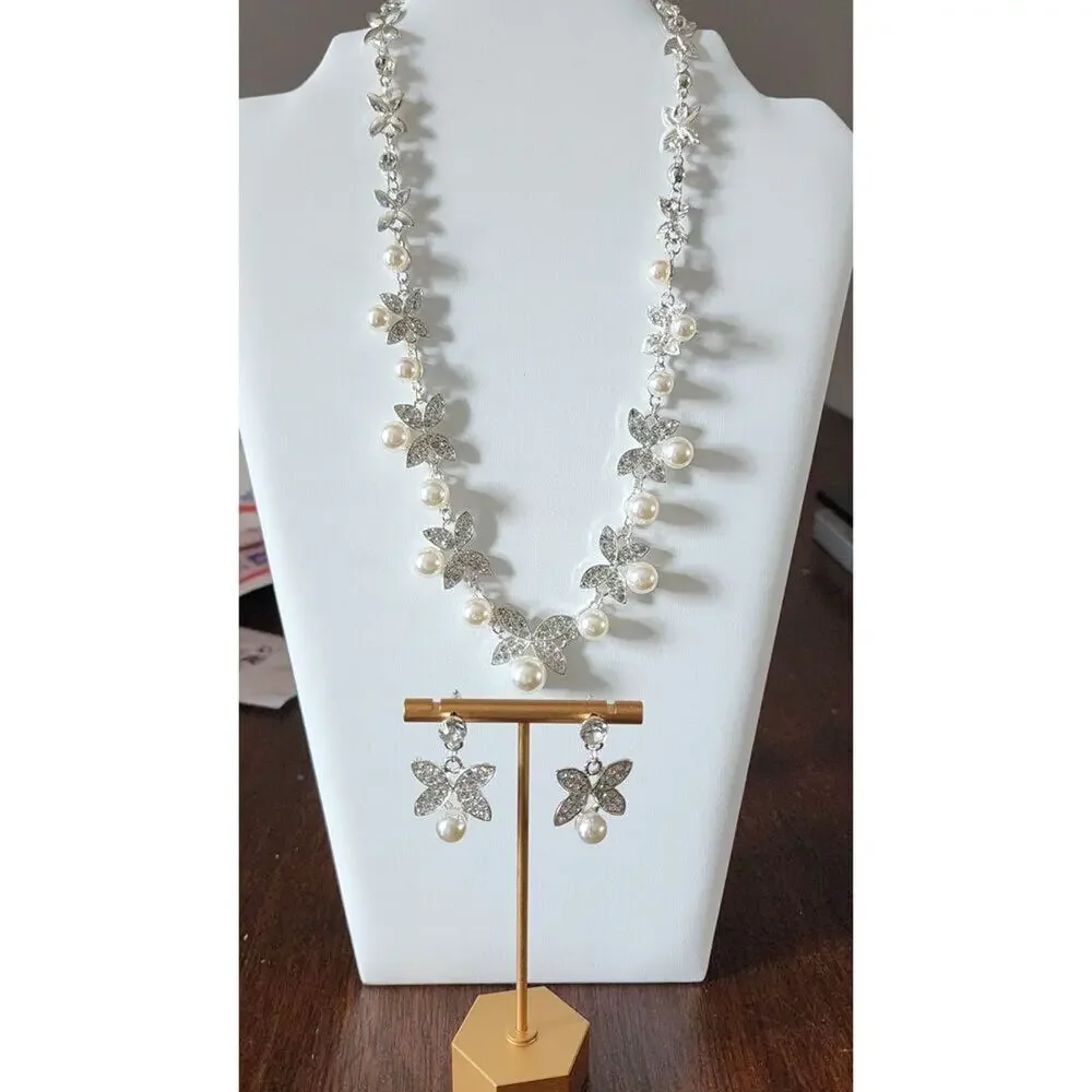 Faux Pearl and Rhinestone Butterfly Necklace & Earrings Set Wedding Prom Pretty
